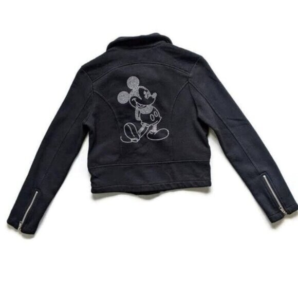 Disney Parks Black Moto Zip Sweatshirt Jacket XS FLAWS Mickey Mouse Distressed - Picture 2 of 13